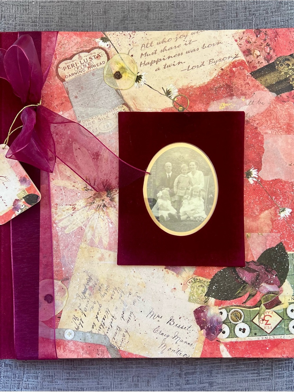 Velvet Photo Frame Album in Deep Burgundy and Pink